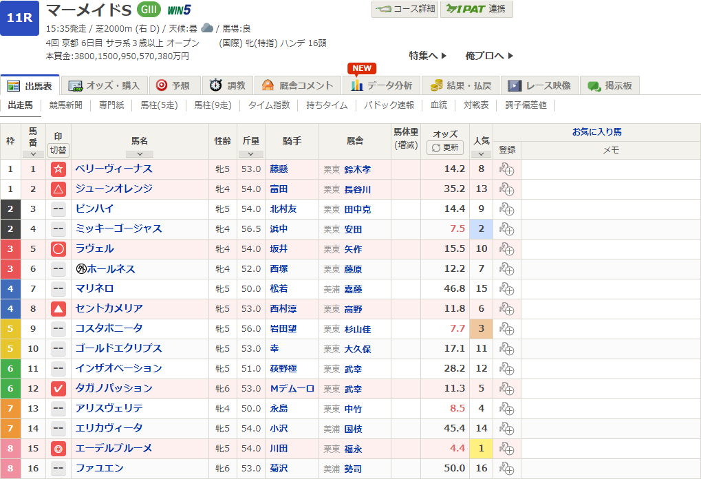 2024マーメイドS予想印